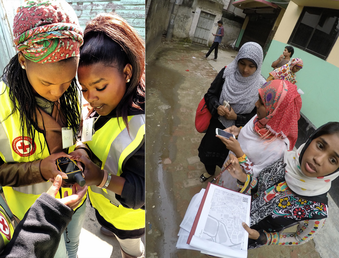 Red Cross volunteers in South Africa and Bangladesh mapping their communities