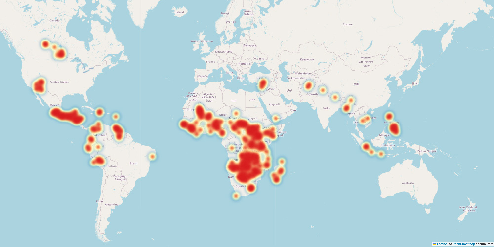 global heat map of MapSwipe mission locations