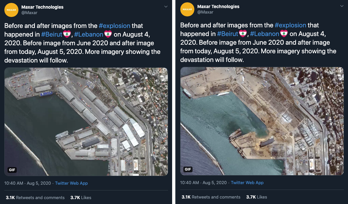 Before and after images of the 2020 explosion in Beirut