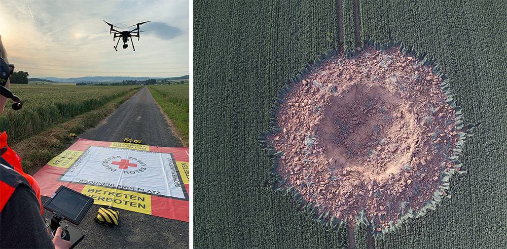 German Red Cross investigation for Police of a self explosion of a 250 kg. WWII aircraft bomb in Ahlbach, Germany