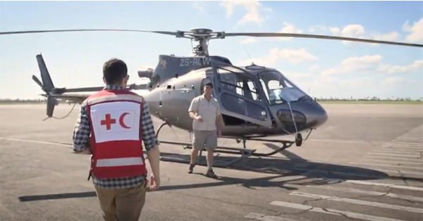A helicopter being used for assessment after Cyclone Idai in Mozambique