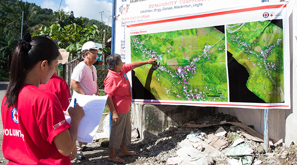 Community disaster preparedness exercises being conducted by the Philippine Red Cross with drone imagery