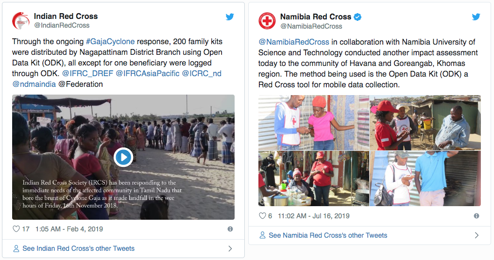 tweets from Namibia Red Cross and Indian Red Cross about using ODK