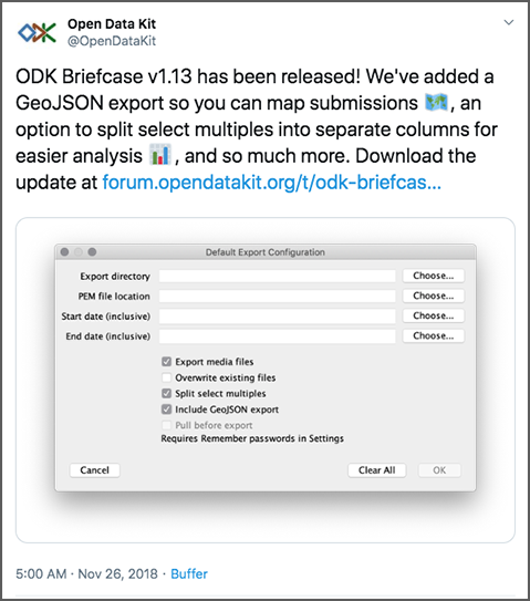 a tweet from @OpenDataKit about the Briefcase release