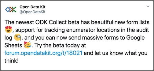 a tweet from @OpenDataKit about the ODK Collect release