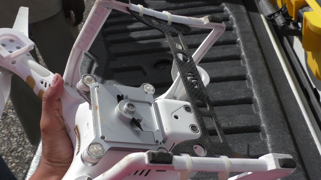 Damage to a drone after a rough landing.