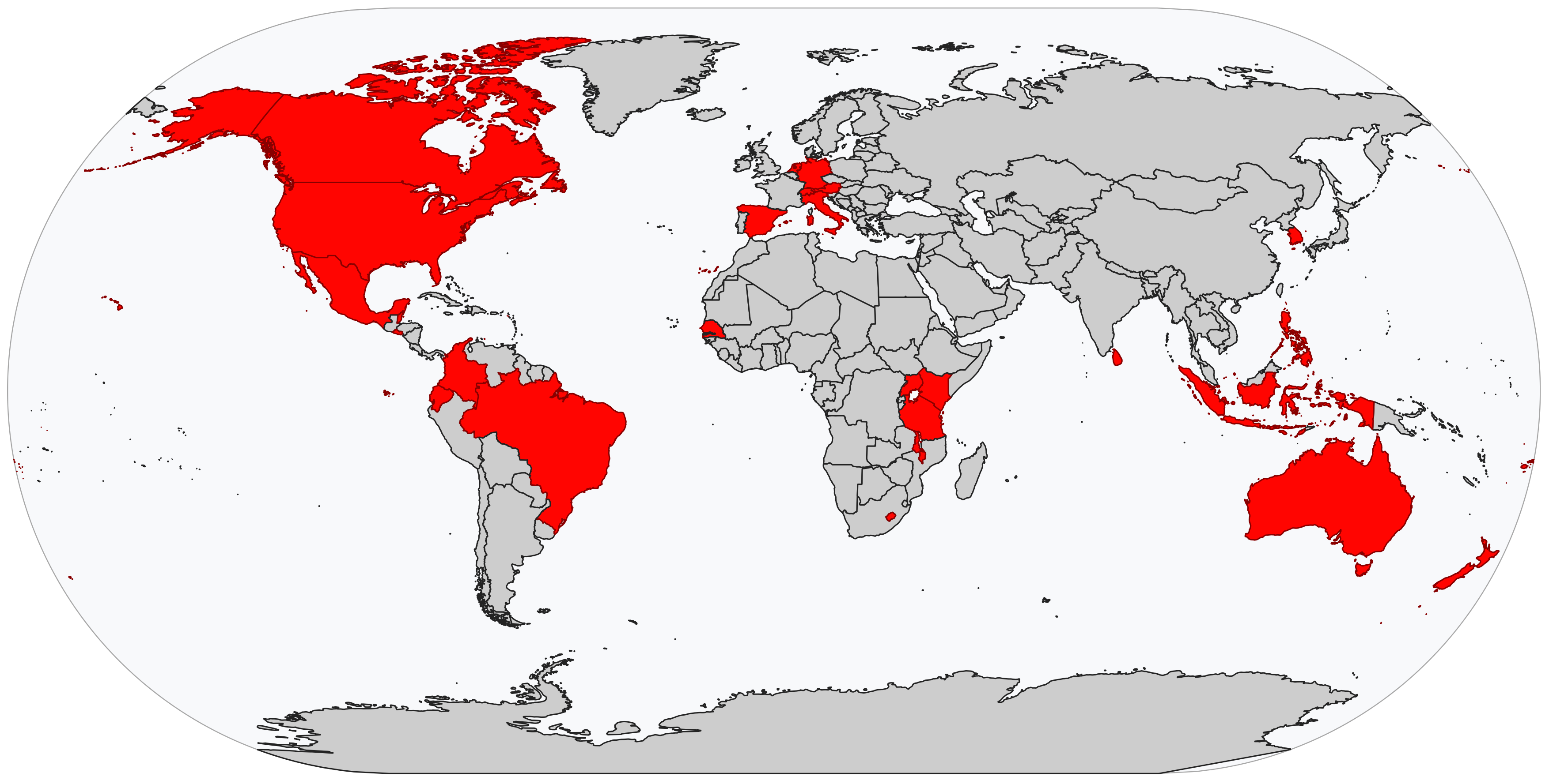 Map showing countries where RCRC National Society has used drones.